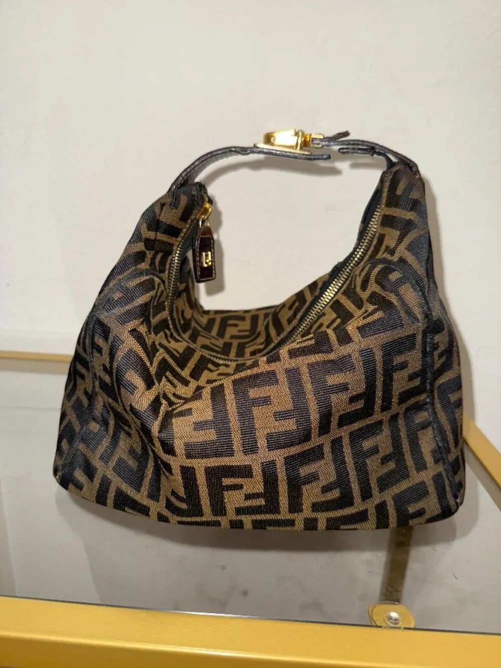 Authentic FENDI Zucca Canvas Top Handle Arm Vanity Bag Black Brown